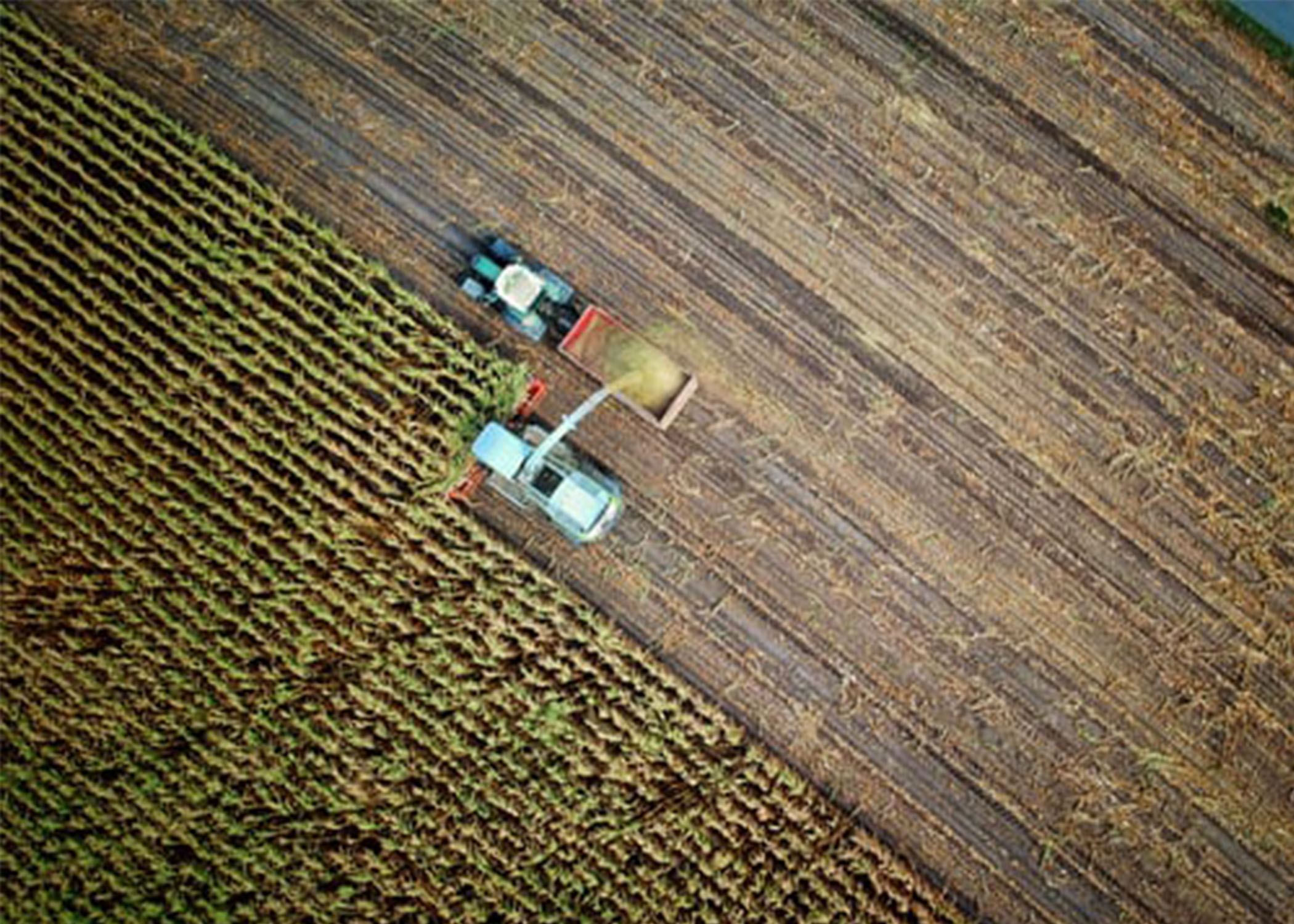 Ariel photo of two tractors on farmland.