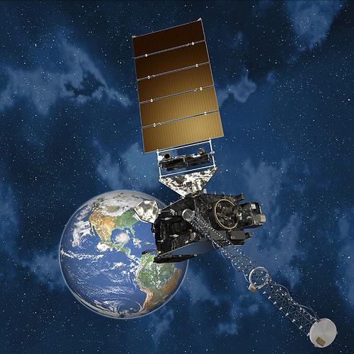 Artist rendition of GOES-16 positioned about 22,000 miles from Earth.