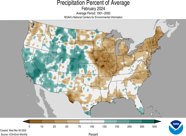 Map of the U.S. showing precipitation percent of average for February 2024 with wetter areas in gradients of green and drier areas in gradients of brown.