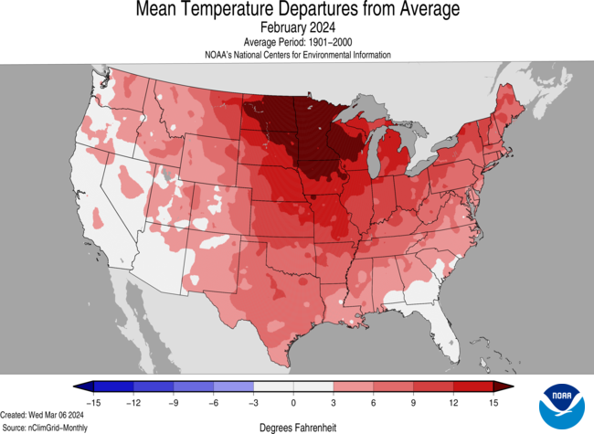 Map of the U.S. showing temperature departure from average for February 2024 with warmer areas in gradients of red and cooler areas in gradients of blue.