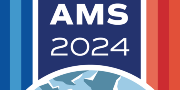 The text says "AMS 2024” with different shades of red and blue running vertically in the background towards a half-dome visual of the globe.