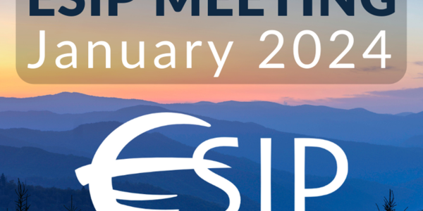 Photo of the blue ridge mountains with the sun setting and “ESIP Meeting, January 2024” as a banner in the forefront with the ESIP logo beneath it.