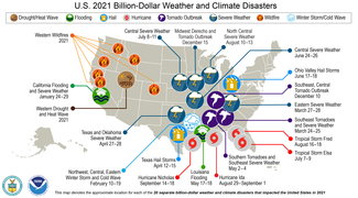 Map identifying the 20 U.S. billion-dollar disasters in 2021 by location and type of disaster with a key