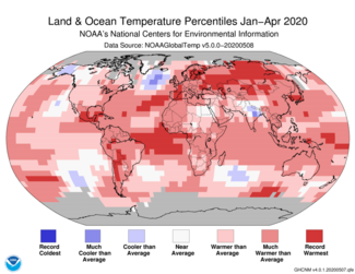 January to April 2020 Global Land and Ocean Temperature Percentiles Map