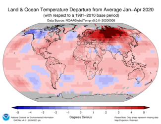 January-to-April 2020 Land and Ocean Temperature Departures from Average Map