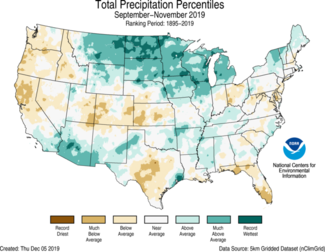 Map of U.S. total precipitation percentiles for Sept-Nov 2019