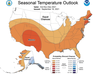 U.S. map of the autumn seasonal temperature outlook for Oct, Nov, Dec 2021