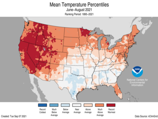 U.S. map of average temperature percentiles for June through August 2021