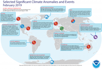 Map of global selected significant climate anomalies and events for February 2019
