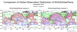 Maps comparing global coverage of two datasets: NOAAGlobalTemp version 4 and version 5