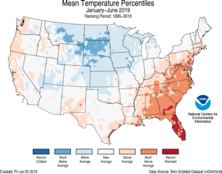 Map of January–June U.S. average temperature percentiles