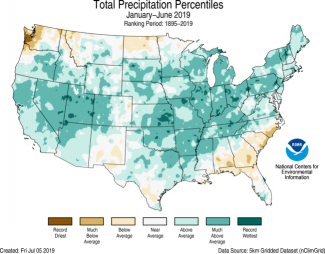 Map of January–June U.S. total precipitation percentiles