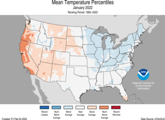 U.S. map of average temperature percentiles for January 2022
