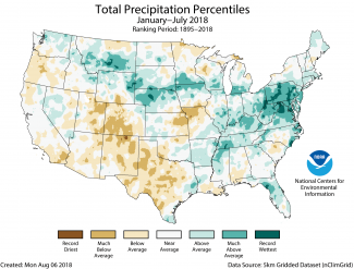 Map of January to July 2018 U.S. total precipitation percentiles