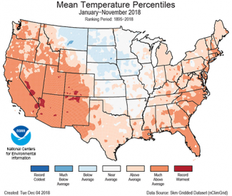 Map of January to November 2018 U.S. average temperature percentiles
