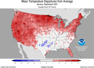 Map of U.S. mean temperature departures from average for January-September 2021