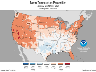 Map of U.S. mean temperature percentiles for January-September 2021