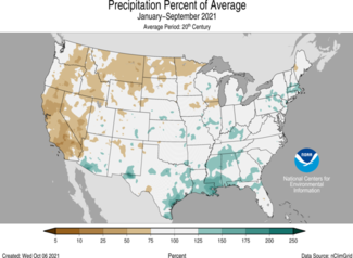 Map of U.S. precipitation percent of average for January-September 2021