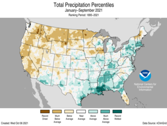 Map of U.S. total precipitation percentiles for January-September 2021