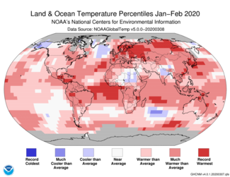 Map of global temperature percentiles for January–February 2020