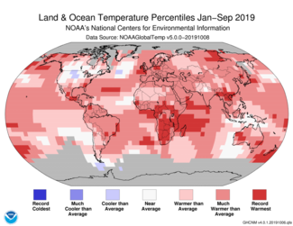 January to September 2019 Global Temperature Percentiles Map
