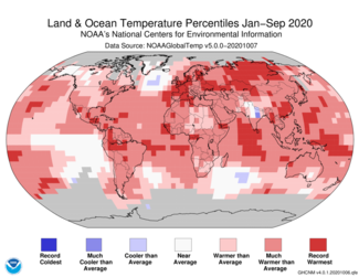 January-to-September 2020 Global Land and Ocean Temperature Percentiles Map