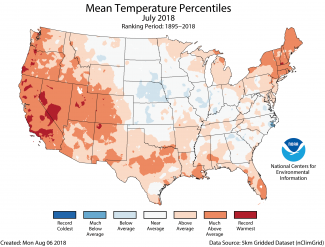 Map of July 2018 U.S. average temperature percentiles