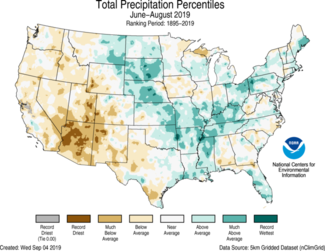 Map of Summer 2019 U.S. total precipitation percentiles