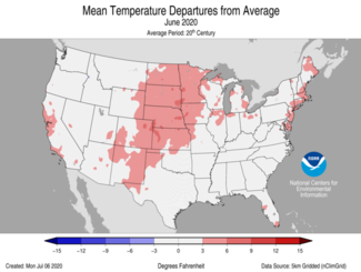 June 2020 US Average Temperature Departures from Average Map