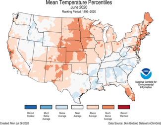 June 2020 US Average Temperature Percentiles Map
