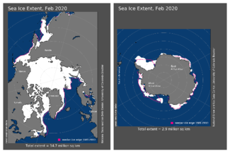 Maps of Arctic and Antarctic sea ice extent in February 2020