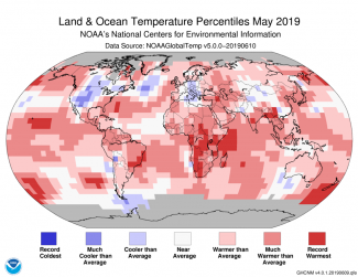 Map of global temperature percentiles for May 2019 