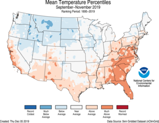 Map of U.S. average temperature percentiles for Sept-Nov 2019