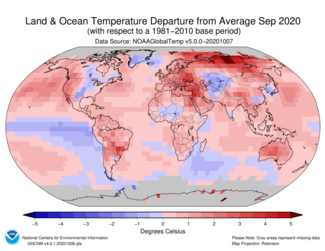 September 2020 Global Land and Ocean Temperature Departures from Average Map
