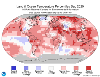 September 2020 Global Land and Ocean Temperature Percentiles Map