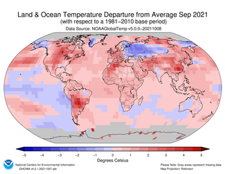 Map of global mean temperature departures from average for September 2021