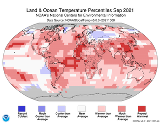 Map of global average temperature percentiles for September 2021