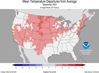 Map of U.S. mean temperature departures from average for September 2021