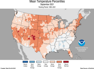 Map of U.S. mean temperature percentiles for September 2021