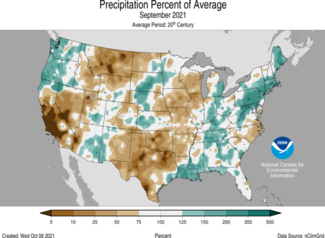 Map of U.S. precipitation percent of average for September 2021