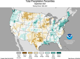 Map of U.S. total precipitation percentiles for September 2021