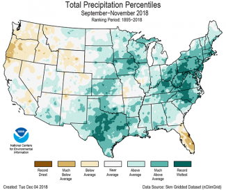 Map of September to November 2018 U.S. total precipitation percentiles