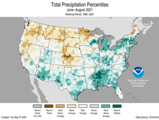 U.S. map of average precipitation percentiles for June through August 2021