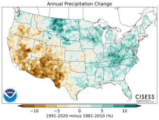Map of average U.S. precipitation change based on U.S. Climate Normals 1991-2020