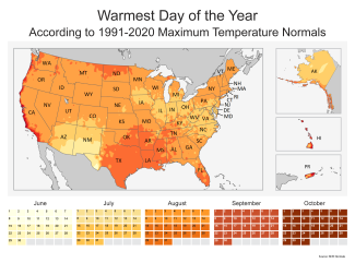 Map of the “Warmest Day of the Year According to 1991–2020 Maximum Normals”, with monthly maps color-coded to indicate date changes throughout the month.
