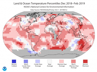 Map of global temperature percentiles for winter December 2018-February 2019