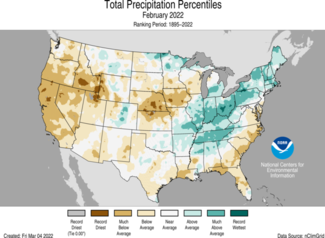 Map of February 2022 U.S. total precipitation percentiles