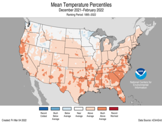 Map of Winter 2021-2022 U.S. average temperature percentiles