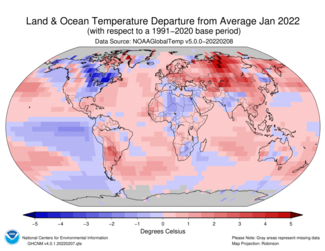 Map of global temperature departure from average for January 2022