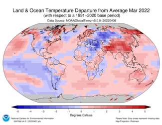 Map of global temperature departures from average for March 2022